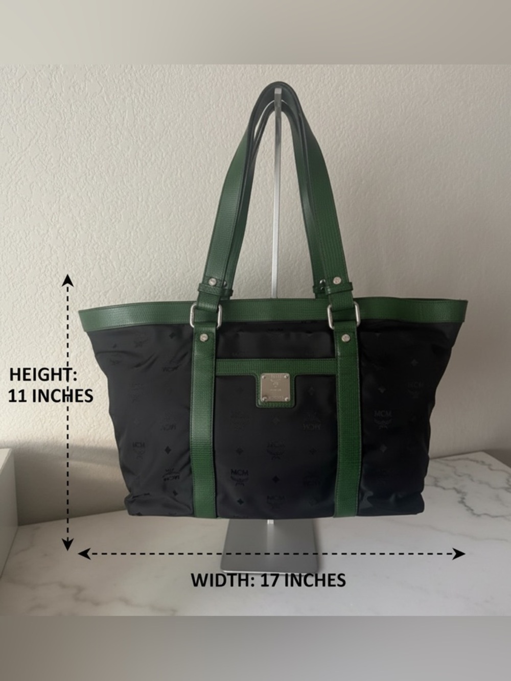 Authentic MCM Black Nylon Tote Green Lizard Embossed Leather Trim-Vintage w/COA - Picture 16 of 16